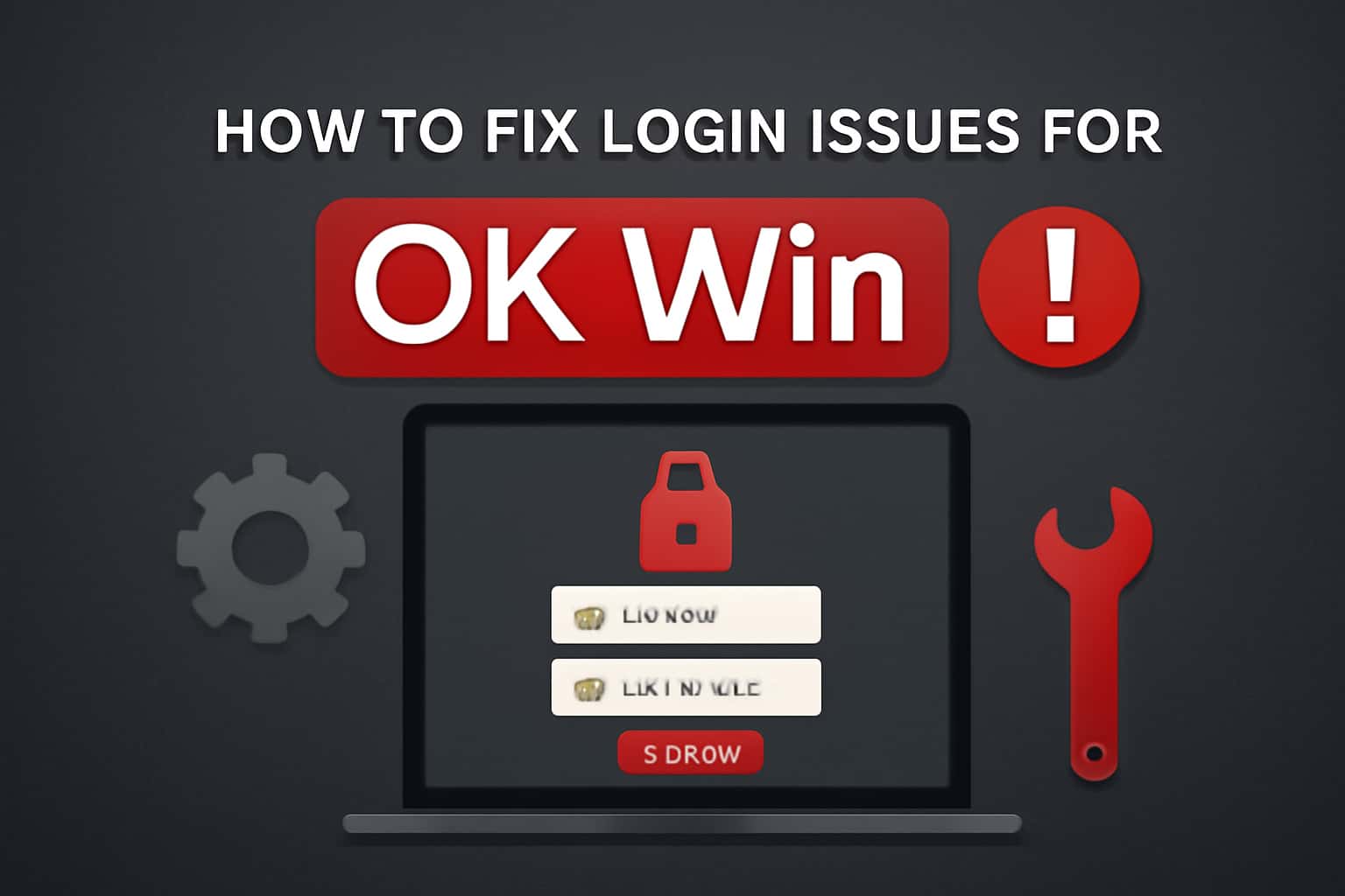An informational graphic illustrating the process of fixing login issues for the OK Win platform.