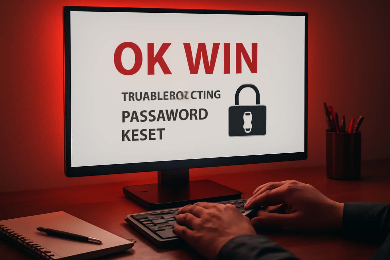 Informational scene on troubleshooting OK Win password reset issues.